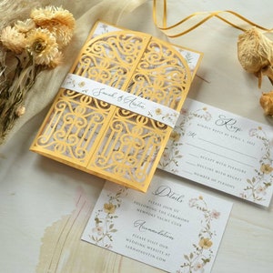 Wedding laser cut gate invitation. Elegant gate invites. Gold invites. Laser cut card invitation. Watercolor Floral Wedding Invitation Card