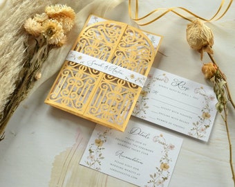 Wedding laser cut gate invitation. Elegant gate invites. Gold invites. Laser cut card invitation. Watercolor Floral Wedding Invitation Card
