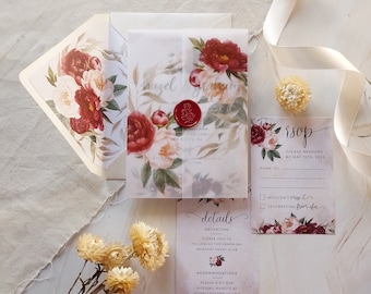 Peonies Wedding Invitation with vellum wrap. Transparent Invites. Burgundy invitation. Watercolor Floral Vellum Wrap. Vellum invitation.