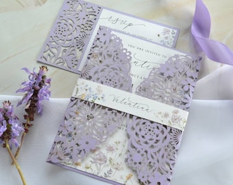 Quinceanera Invitation Laser Cut. Wedding Invitation Card. Butterfly invitation. Flowers Invitation. Intricate lace. Ribbons. Lilac Lavander