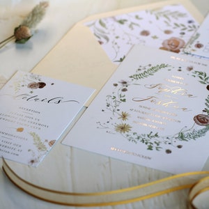 Gold Foil Watercolor Floral Wedding Invitation Card, Garden Flowers Wedding RSVP Invites, Custom Name Date Rose Gold Garden Flower Invite