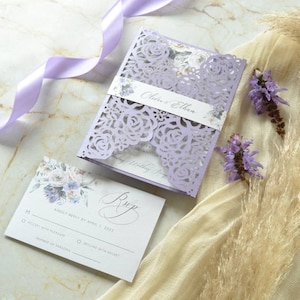 Quinceanera Invitation Laser Cut. Wedding Invitation Card. Leaves and branches flowers. Intricate lace. Lilac flowers. Lilac Lavander