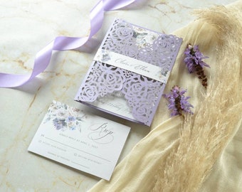 Quinceanera Invitation Laser Cut. Wedding Invitation Card. Leaves and branches flowers. Intricate lace. Lilac flowers. Lilac Lavander