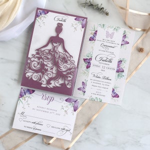 Quinceanera Dress laser cut Invitation. Butterfly Invitation. Quinceanera invitation. Purple invites. Intricate lace. Laser cut invitation