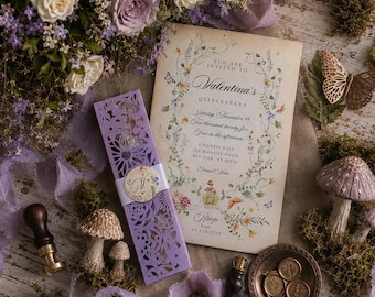 Luxury Wildflower Wedding Invitation | Secret Garden Floral Invitation | Lavender Laser Cut Scroll | Botanical Wedding Invitation