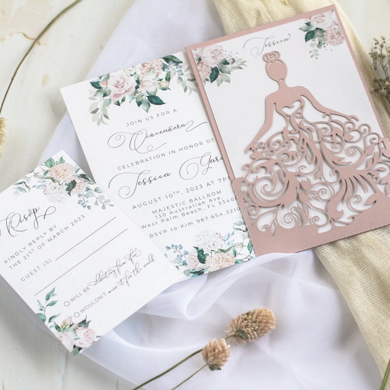 Dress Laser Cut Invitation. Dress Invitation. Pink Invitation. Quinceanera  Invitation. Flowers Pink. Old Pink Dress. Vintage Invitation - Etsy