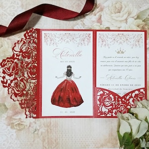 Dress fifteen quinceanera Invitation Pocketfold Card Laser Cut. Invitation Tri-Fold flower rose. Intricate lace. Red Dress. Fifteen Sweet 16
