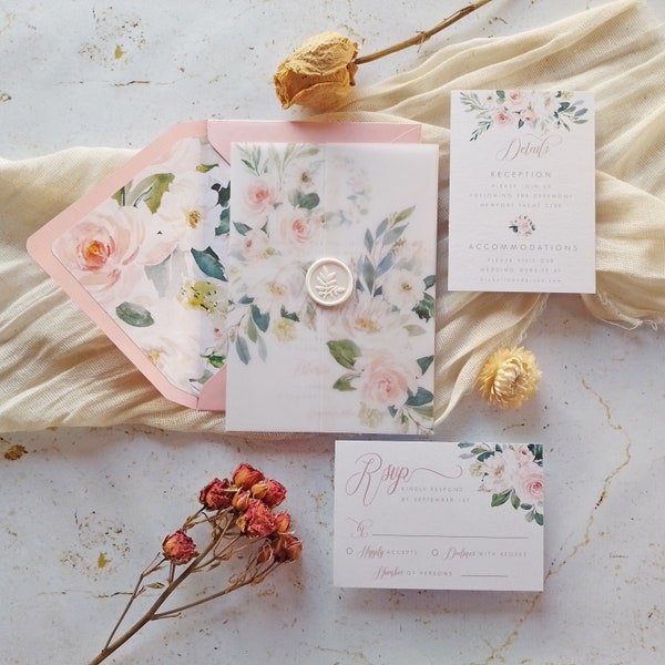 Pink flowers Wedding Invitation with vellum wrap. Transparent Invites. Pink invitation. Floral Vellum Wrap. Vellum Paper invitation.