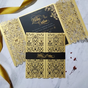 Black and Gold Wedding Invites Laser Cut. Intricate Lace Design. Laser cut invites. Moroccan Design. Wedding reception. Quinceanera.
