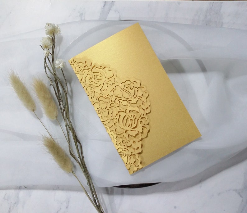 DIY Dress fifteen quinceanera Invitation Pocketfold Card Laser Cut. Laser Cut Cover. Invitation Tri-Fold flower rose. Lace Laser Cut image 1