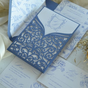 Blue Baroque Wedding Invitation Card, Wedding RSVP Invites Suite, Elegant Floral Illustration Invitation, Personalized Invites, Laser cut