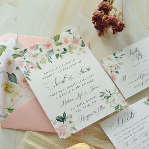 Pink Floral Wedding Invitation Card, Wildflower RSVP Wedding Invites Suite, Wedding Program, Wedding Details Card, Floral RSVP Card