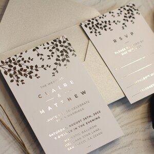 Silver Floral Wedding Invitation Card. Silver foil. Leaves and branches invitation. Elegant invite. Quinceañera invitation