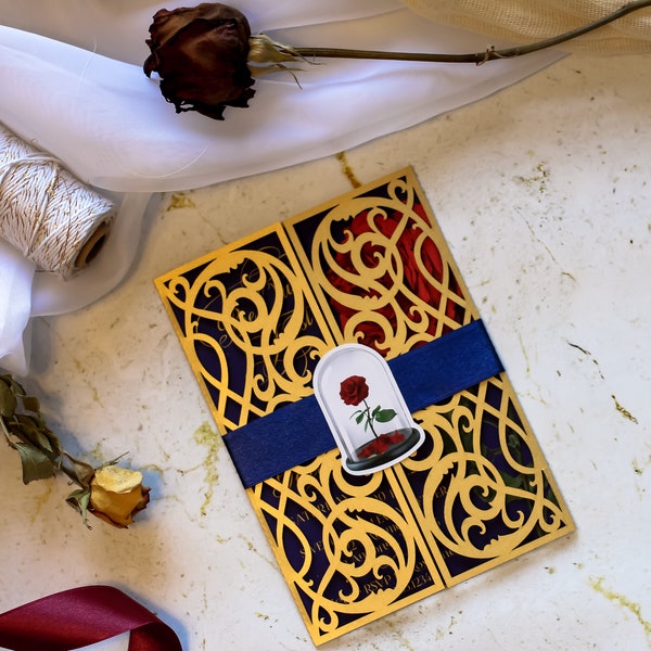 Beauty and the Beast Wedding Invitation, Lasercut Rose Gatefold