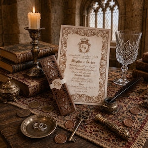 May include: A wedding invitation card with ornate brown borders and a central crest, accompanied by a laser-cut brown envelope, a lit candle in a brass holder, a crystal goblet, a quill pen, a metal key, and two silver rings on a small tray.