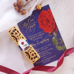 Beauty and the Beast scroll invitation.  Inspired invitation lasercut rose. Quinceanera wedding invitation. Disney Invitation.