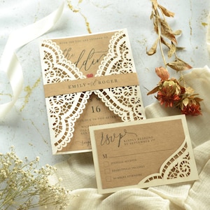 Wedding Laser Cut Invitation. Intricate lace Invitation. Luxury Wedding Invite. Belly Band. Kraft invitation. Laser cut invites.