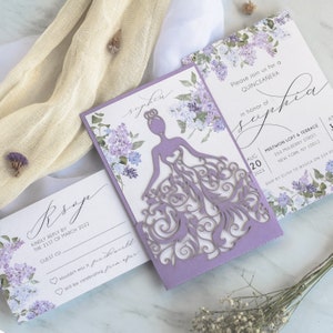 Dress laser cut Invitation. Dress Invitation. Lilac invitation. Quinceanera invitation. Flowers lavander. Lilac dress. Vintage invitation