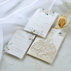 Dress laser cut Invitation. Cream dress. Dress Invitation. White Flowers. Quinceanera invitation. Roses invitation. Romantic invitation