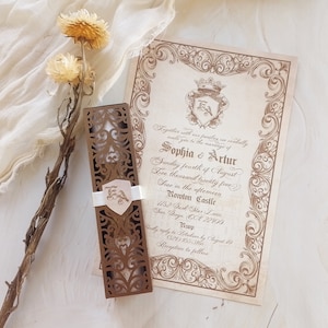 Scroll Wedding invitations. Medieval Wedding Invitation Scroll-rolled. Box Lasercut invitation. Medieval Fairytale Themed Wedding Invitation