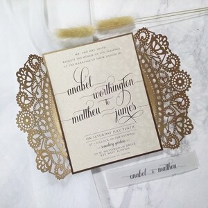 Bronze wedding laser cut invitation, Lace invitation, Elegant Invitation, Calligraphy invite, Laser cut invitation, Kraft invite