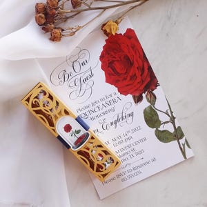 Beauty and the Beast scroll invitation.  Inspired invitation lasercut rose. Quinceanera wedding invitation. Disney Invitation.