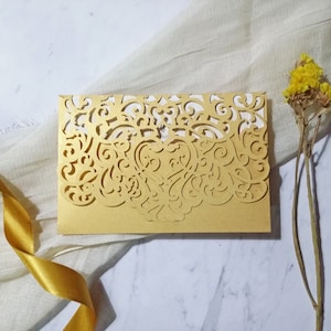Luxury Wedding Fifteen Invitation Pocketfold Card Laser Cut. Invitation Tri-Fold flower. Intricate lace. Gold, ivory, Burgundy