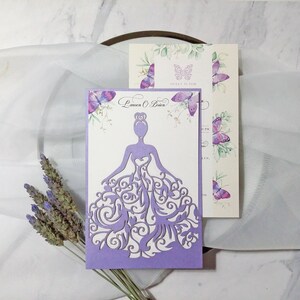 Dress laser cut Invitation. Dress Invitation. Butterfly Invitation. Quinceanera invitation. Lavander Lilac. Intricate lace Invitation..