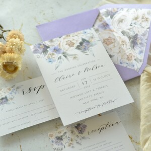 Lilac Floral Wedding Invitation Set, Wildflower Wedding Invitations, watercolor Invites, Romantic Wedding Invitation Suite