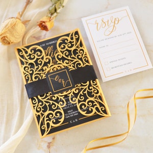 Wedding Invitation Laser Cut. Royal Lace Laser Cut. Luxury. Elegance invitation. Gold Invitation. Gold and Black invitation.