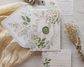 Greenery Wedding Invitation with vellum wrap. Transparent Invites. Foliage invitation. Wildflower Vellum Wrap. Vellum Paper invitation.