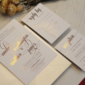 Gold Foil invitation. Calligraphy invite. Elegant Calligraphy Wedding Foil Invitation, White and gold wedding invitation, Gold wedding invit