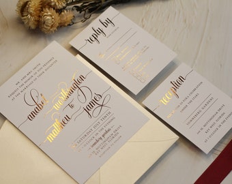 Gold Foil Wedding Invitation, Elegant Calligraphy, White and Gold