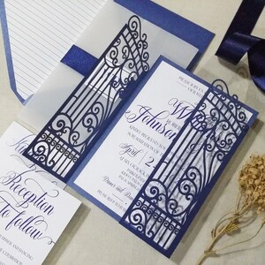 Luxury Blue Laser Cut Wedding Invitation, Ornamental Gatefold, Retro Iron Gate Laser, Blue Wedding, Vellum Wrap, Laser cut invitations