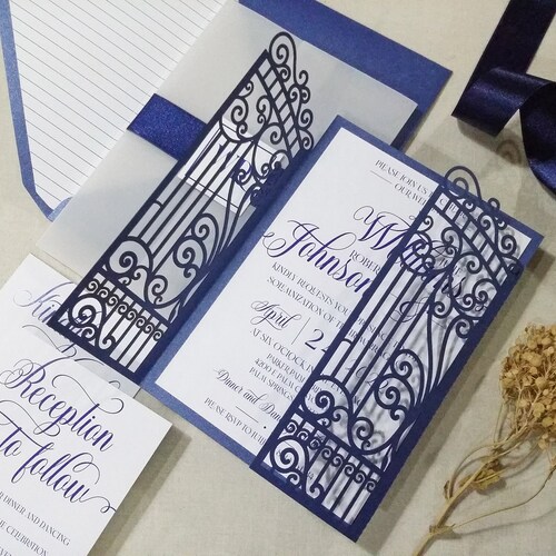 Retailer Luxury Blue Laser Cut Wedding Invitation Ornamental Gatefold, Retro Iron Gate Laser, Blue Wedding, Vellum Paper, Vellum Wrap, Satin Ribbon