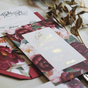 Gold Foil Watercolor Floral Wedding Invitation Card. Flower peonies invitation. Burgundy and gold color. Foil Invitation. Burgundy invite