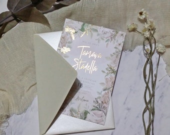 Wedding Fifteen Invitation Card Foil hotstamping. Roses Romantic. Glitter Shimmer Paper. Watercolors. Vintage Card.