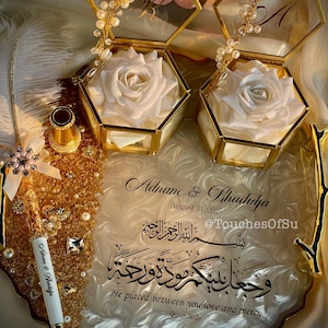 10 inch round Pearl White & Gold Islamic Engagement/ Nikkah Wedding Ring Tray with Customizable Tray and Pen. Handmade Resin Artwork