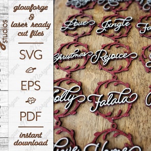 Christmas Word Ornaments , SVG File, Glowforge Download, Laser Cut File