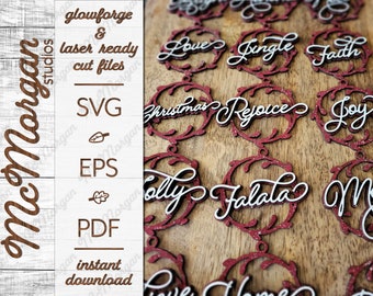 Adornos de palabras navideñas, archivo SVG, descarga de Glowforge, archivo de corte láser