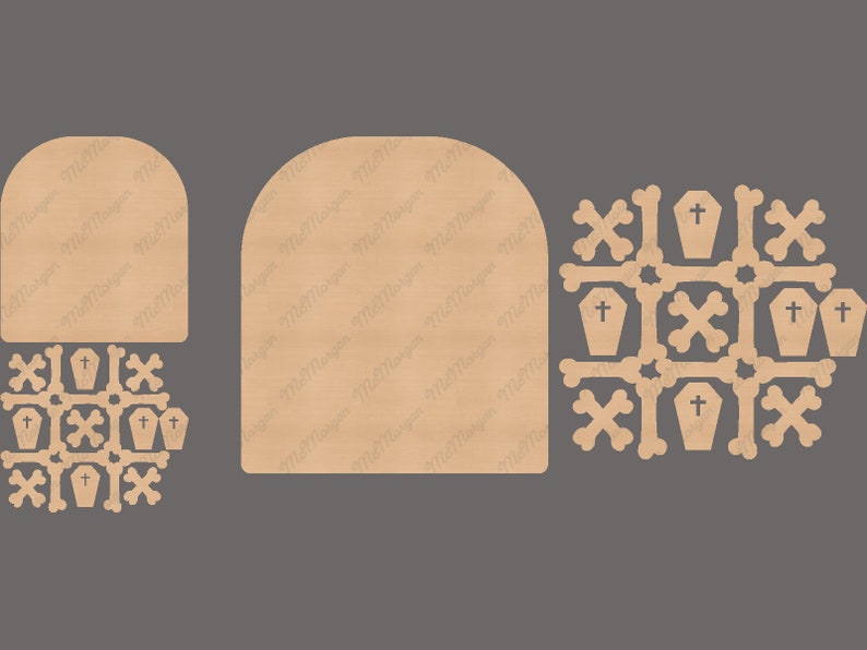 May include: A set of laser cut wooden Halloween decorations featuring a tombstone, a coffin, and a cross. The decorations are in a light brown colour and are ready to be painted or stained.