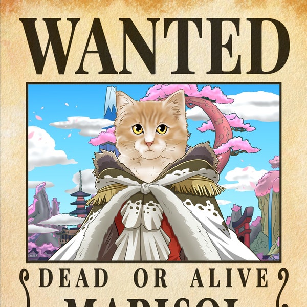 Anime Pet Wanted Poster, Custom Pet in wanted poster, Your Cat in Pirate Poster, Pet as Pirate or Marine, Gift with Bounty, (Digital)