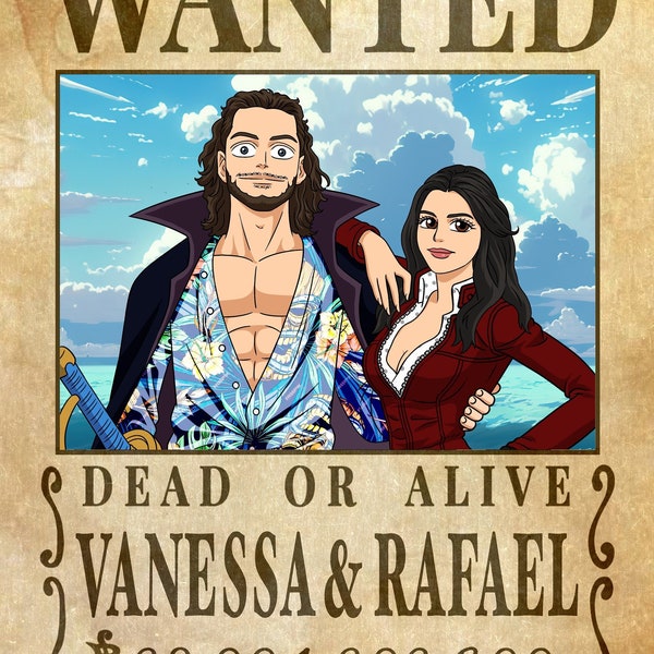 Anime Wanted Poster, Fully Custom wanted poster, You in Pirate poster, Couple portrait anime, Father’s Day Gift. SHOULDERS UP (Digital)