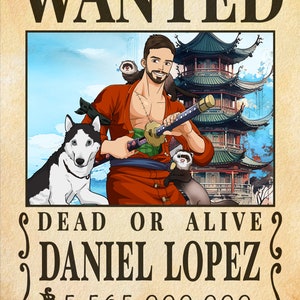 Fully Custom Anime Wanted Poster, Portrait in wanted poster, You & pet in Pirate poster, Birthday Gift, Memorable Wall Art, Digital art.