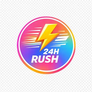 Könnte beinhalten: Ein lebendiger, kreisförmiger Grafik mit einem Farbverlaufshintergrund aus Rosa, Lila, Blau und Gelb. Ein gelber Blitz befindet sich über dem weißen Text "24H RUSH". Das Design suggeriert Geschwindigkeit und Dringlichkeit.