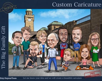 Custom Caricature, Big Family, Group Caricature, Hand-Drawn Caricature, Personalized Gift, Memorable moment captured, Printable- DIGITAL art
