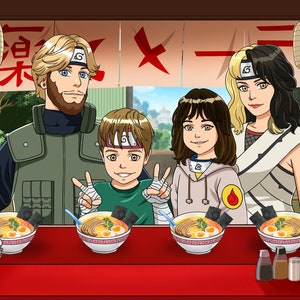 完全にカスタマイズされたラーメン店のアニメポートレート、パーソナライズされたアニメイラスト、完璧な類似性、バレンタインデーギフトデジタル印刷可能。