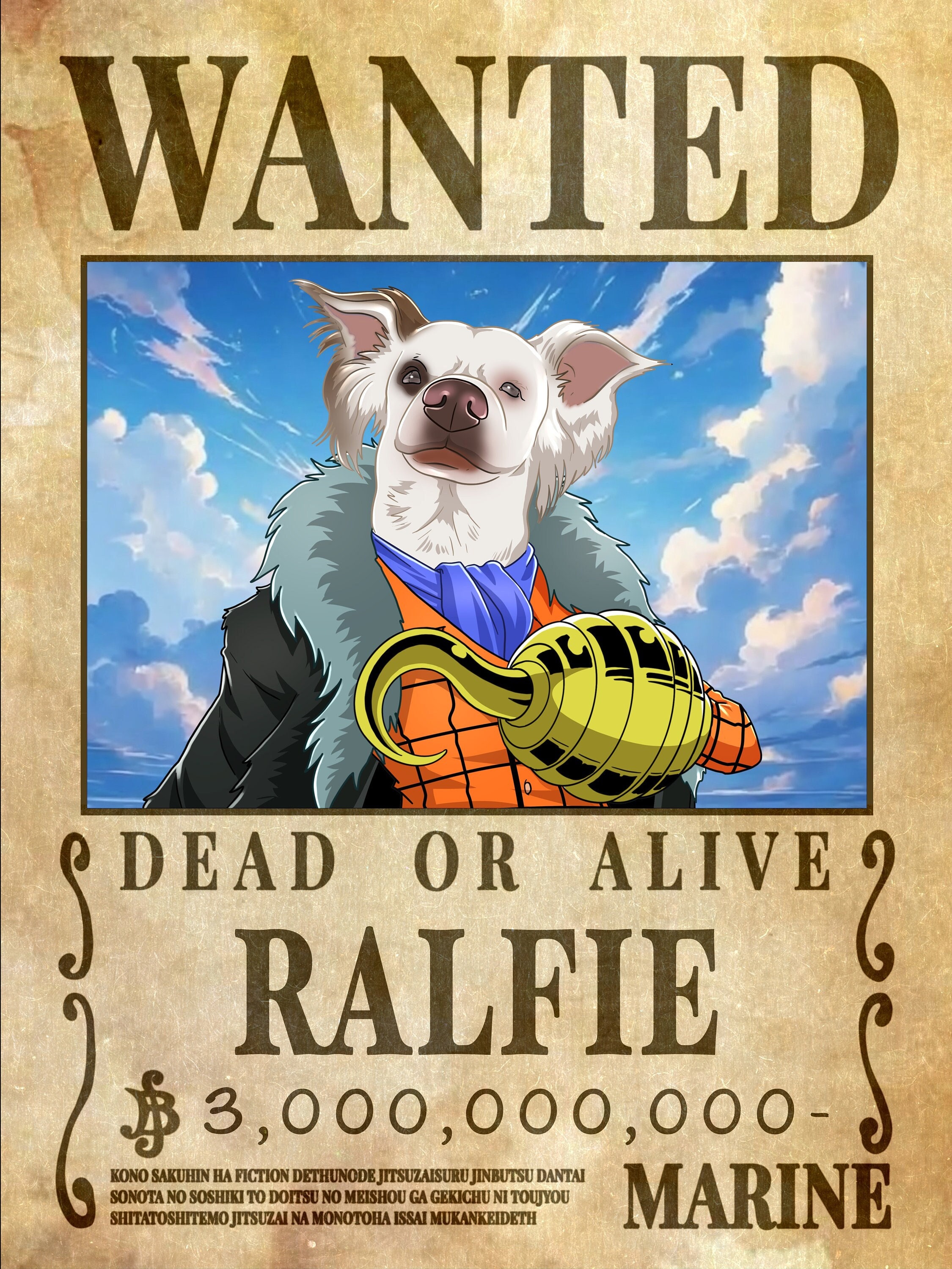 Anime Pet Wanted Poster, Custom DOG in wanted poster, Your DOG in Pirate Poster, Pet as Pirate or Marine, Gift for deceased pet. (Digital)