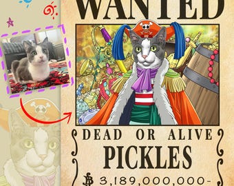 Cat Wanted Poster, Personalized pet, Your Cat in Pirate Poster, Pet as Pirate/Marine, Gift with Bounty, Animal lover, DIGITAL