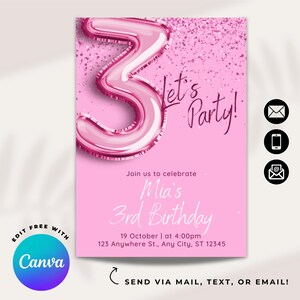 Pink Glitter Girls Confetti Birthday Invitation | Editable Party Invite | Balloons Theme Digital Download